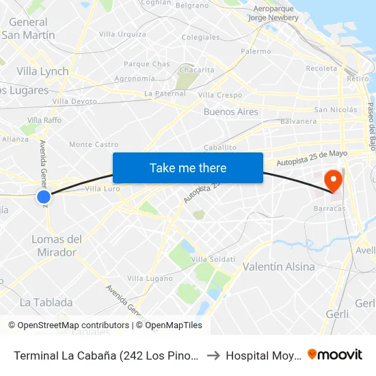 Terminal La Cabaña (242 Los Pinos - 298) to Hospital Moyano map
