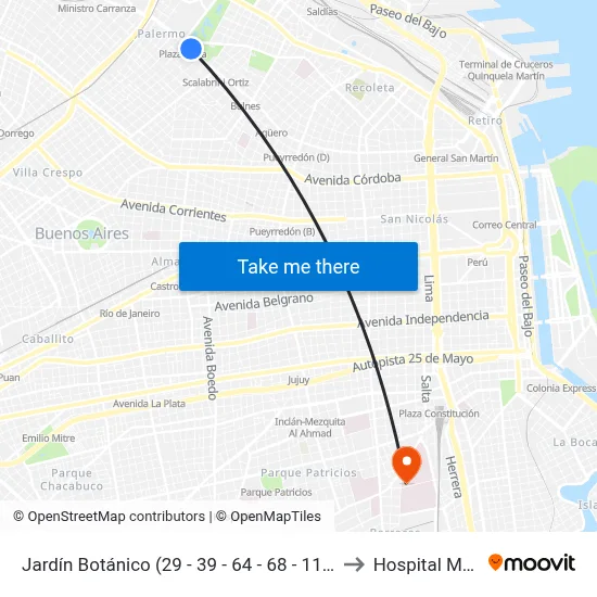Jardín Botánico (29 - 39 - 64 - 68 - 111 - 152 - 194) to Hospital Moyano map