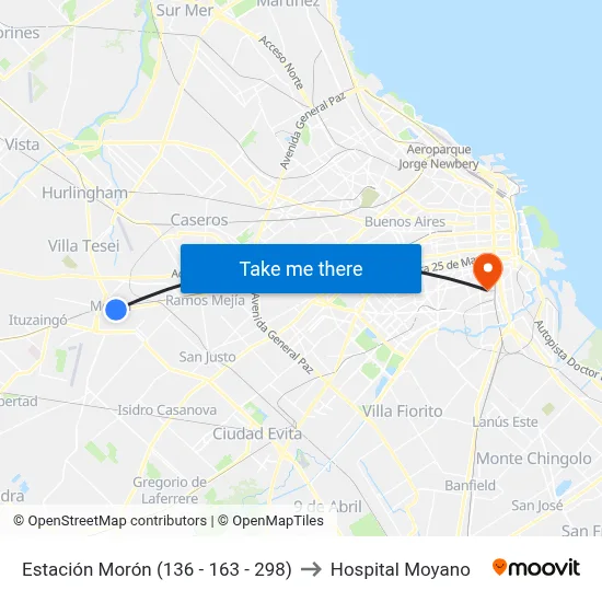 Estación Morón (136 - 163 - 298) to Hospital Moyano map