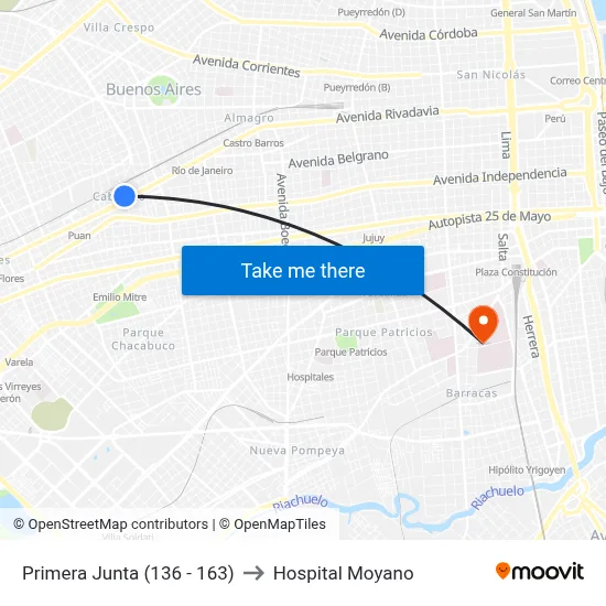 Primera Junta (136 - 163) to Hospital Moyano map