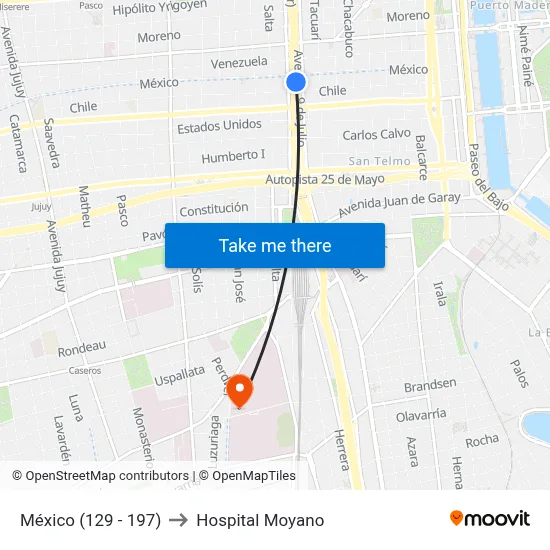 México (129 - 197) to Hospital Moyano map