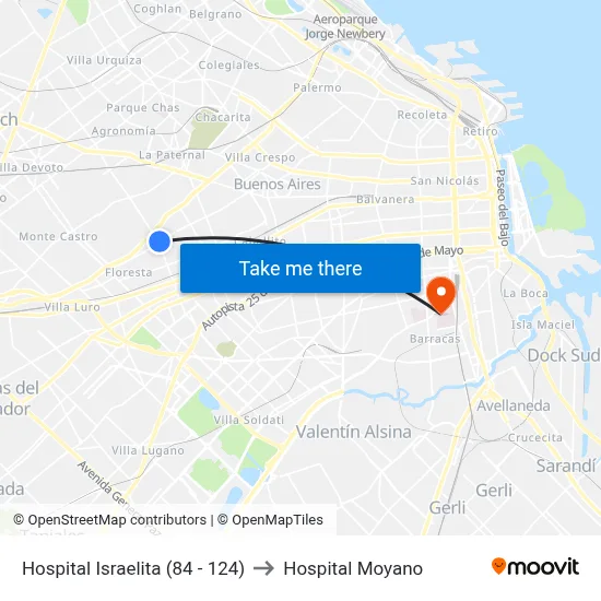 Hospital Israelita (84 - 124) to Hospital Moyano map
