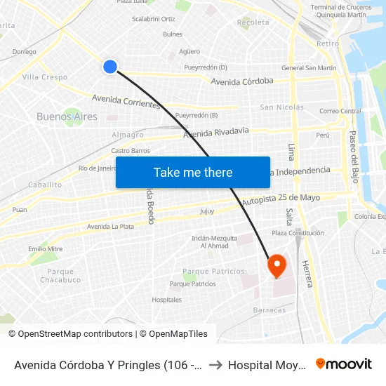 Avenida Córdoba Y Pringles (106 - 140) to Hospital Moyano map