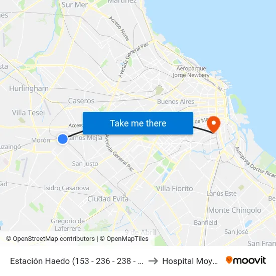 Estación Haedo (153 - 236 - 238 - 253) to Hospital Moyano map