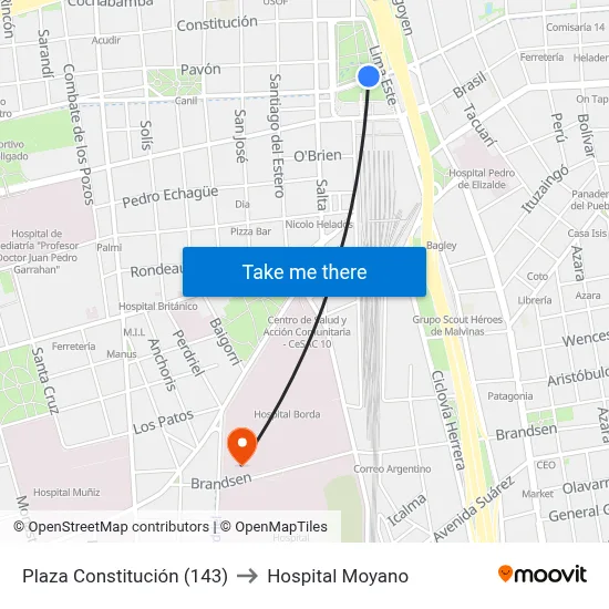 Plaza Constitución (143) to Hospital Moyano map