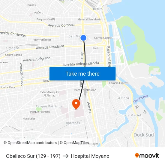 Obelisco Sur (129 - 197) to Hospital Moyano map