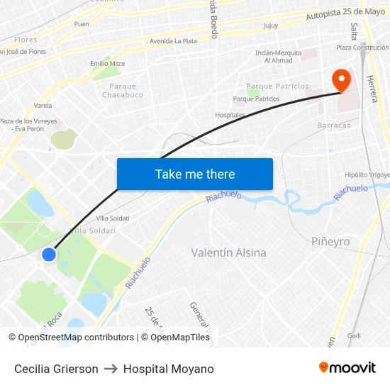 Cecilia Grierson to Hospital Moyano map