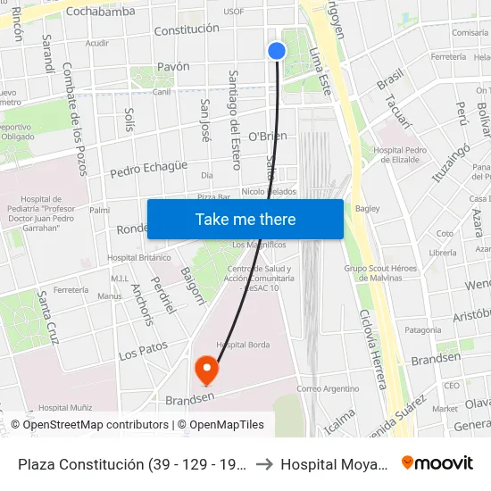Plaza Constitución (39 - 129 - 197) to Hospital Moyano map