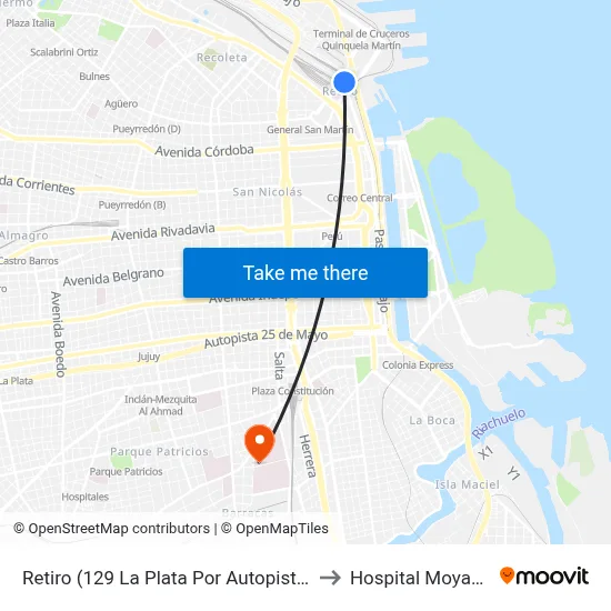 Retiro (129 La Plata Por Autopista) to Hospital Moyano map