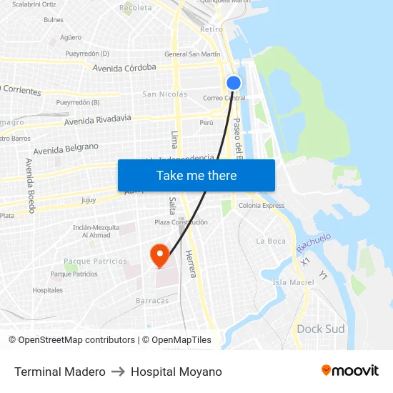Terminal Madero to Hospital Moyano map