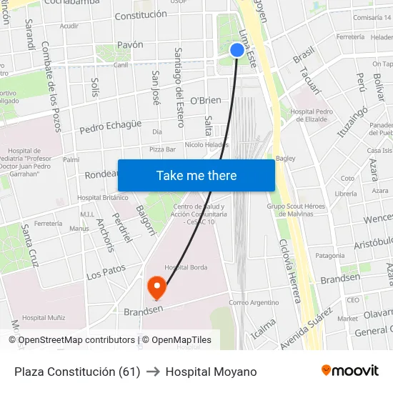 Plaza Constitución (61) to Hospital Moyano map