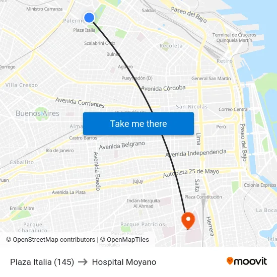 Plaza Italia (145) to Hospital Moyano map