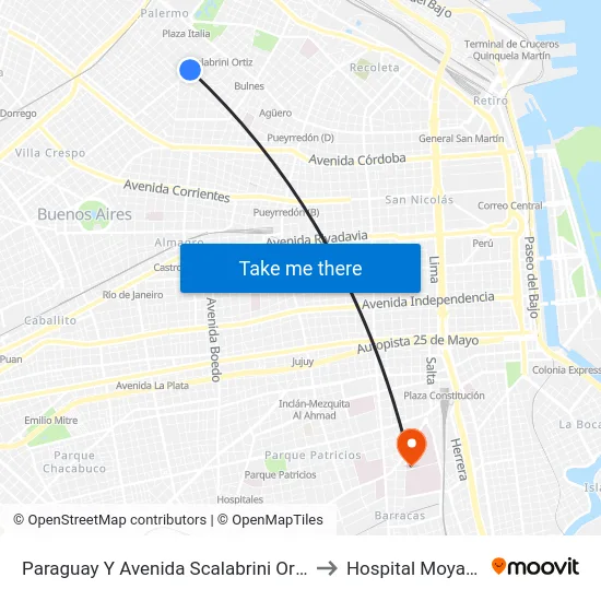 Paraguay Y Avenida Scalabrini Ortiz to Hospital Moyano map