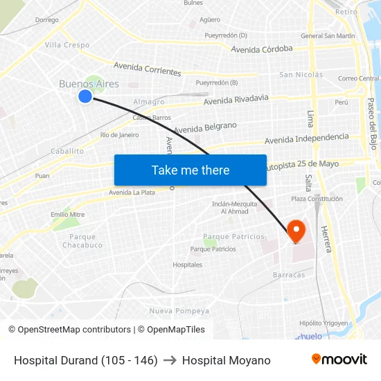 Hospital Durand (105 - 146) to Hospital Moyano map