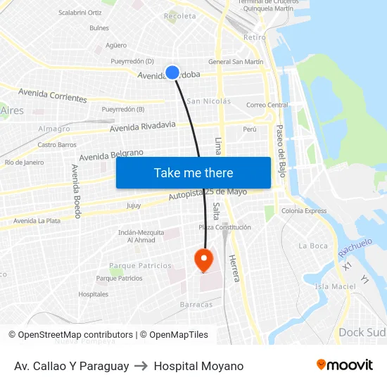 Av. Callao Y Paraguay to Hospital Moyano map