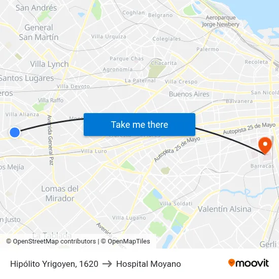 Hipólito Yrigoyen, 1620 to Hospital Moyano map