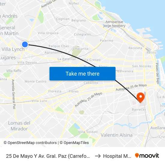25 De Mayo Y Av. Gral. Paz (Carrefour San Martín) to Hospital Moyano map