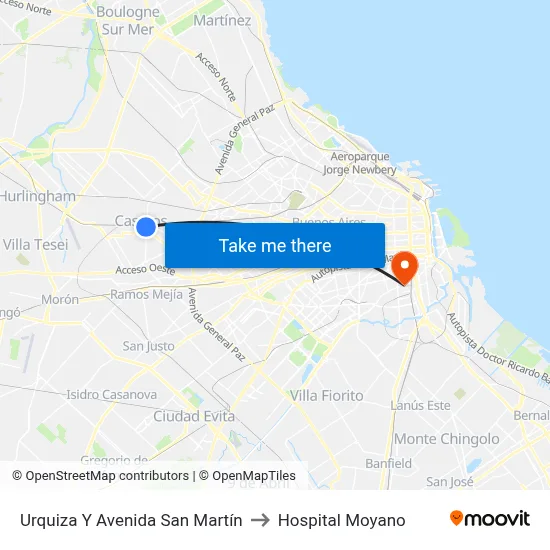 Urquiza Y Avenida San Martín to Hospital Moyano map