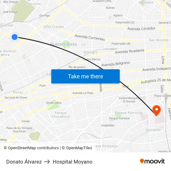 Donato Álvarez to Hospital Moyano map