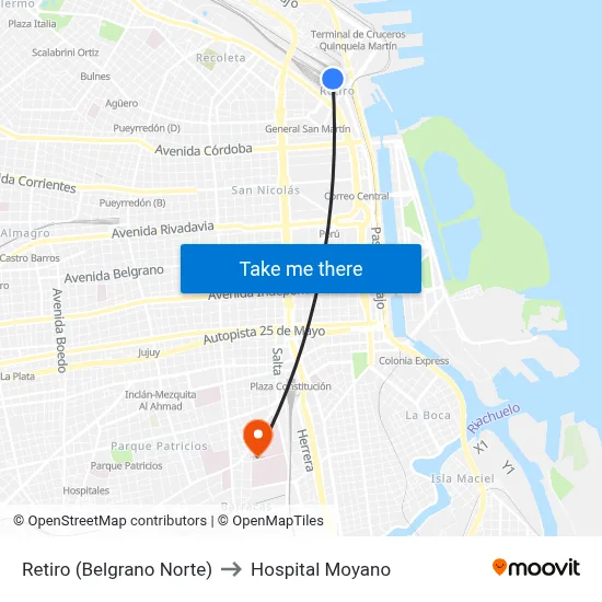 Retiro (Belgrano Norte) to Hospital Moyano map