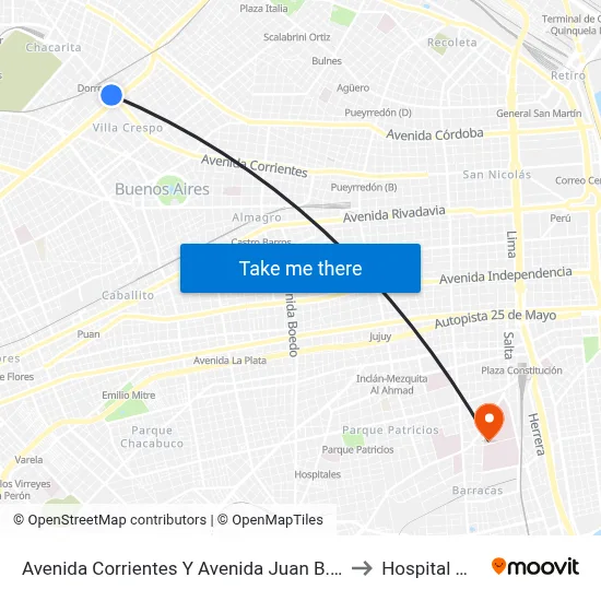 Avenida Corrientes Y Avenida Juan B. Justo (65 - 127) to Hospital Moyano map