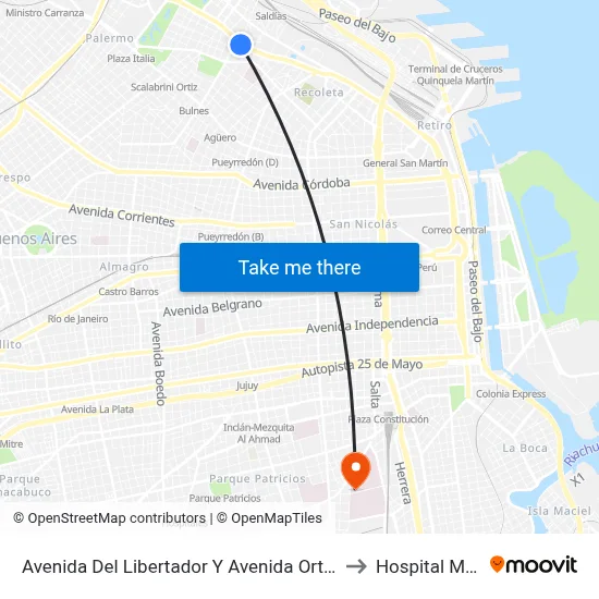Avenida Del Libertador Y Avenida Ortiz De Ocampo to Hospital Moyano map