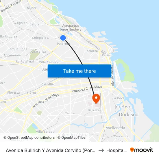 Avenida Bullrich Y Avenida Cerviño (Portal Palermo Shooping) (34 - 166) to Hospital Moyano map