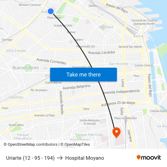 Uriarte (12 - 95 - 194) to Hospital Moyano map