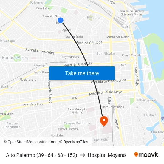 Alto Palermo (39 - 64 - 68 - 152) to Hospital Moyano map