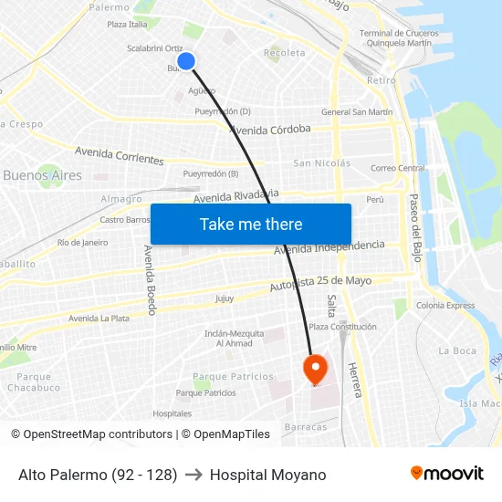 Alto Palermo (92 - 128) to Hospital Moyano map