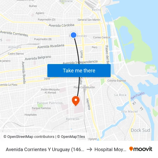 Avenida Corrientes Y Uruguay (146 - 180) to Hospital Moyano map