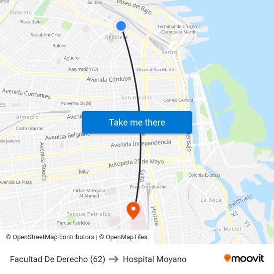 Facultad De Derecho (62) to Hospital Moyano map