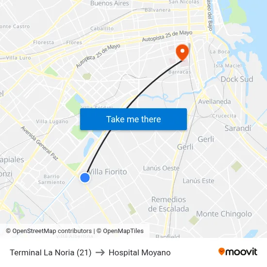 Terminal La Noria (21) to Hospital Moyano map