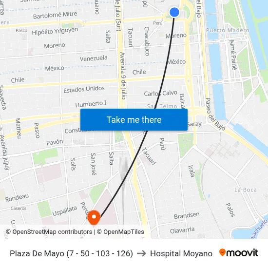 Plaza De Mayo (7 - 50 - 103 - 126) to Hospital Moyano map