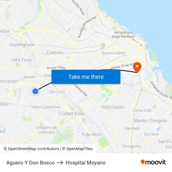 Aguero Y Don Bosco to Hospital Moyano map