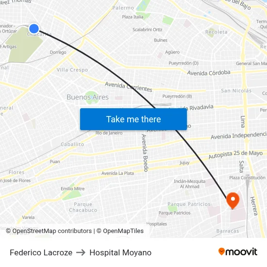 Federico Lacroze to Hospital Moyano map