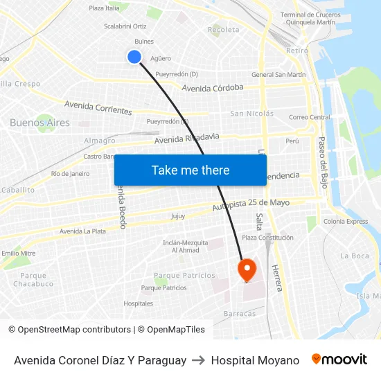Avenida Coronel Díaz Y Paraguay to Hospital Moyano map