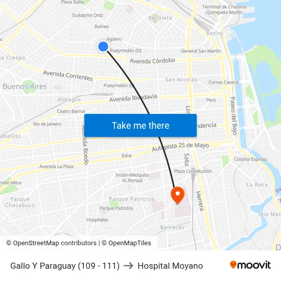 Gallo Y Paraguay (109 - 111) to Hospital Moyano map