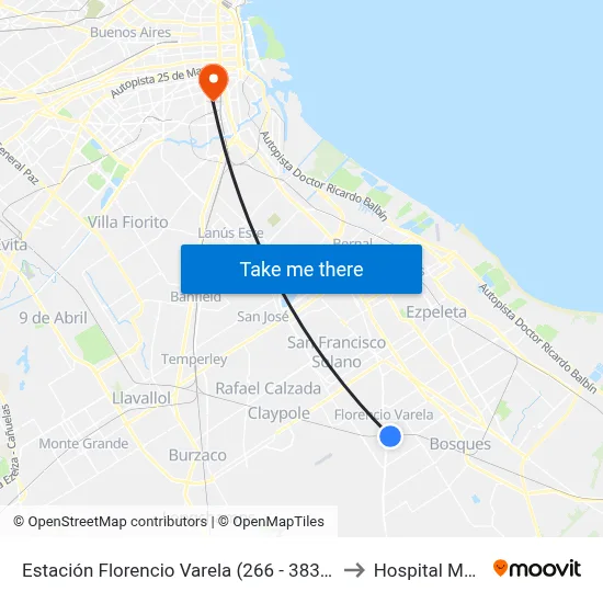Estación Florencio Varela (266 - 383 - 501 - 504) to Hospital Moyano map