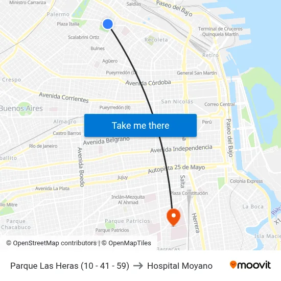 Parque Las Heras (10 - 41 - 59) to Hospital Moyano map