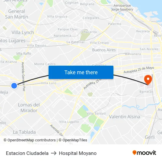 Estacion Ciudadela to Hospital Moyano map