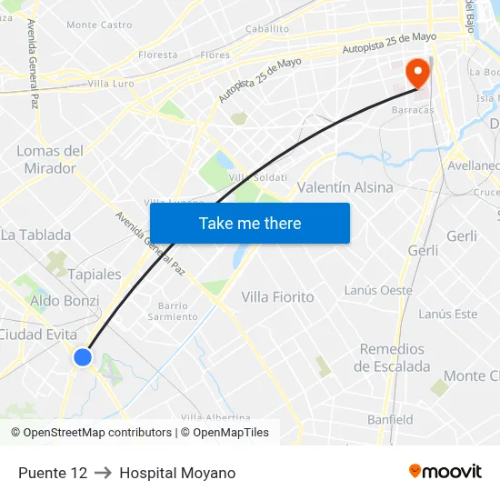 Puente 12 to Hospital Moyano map