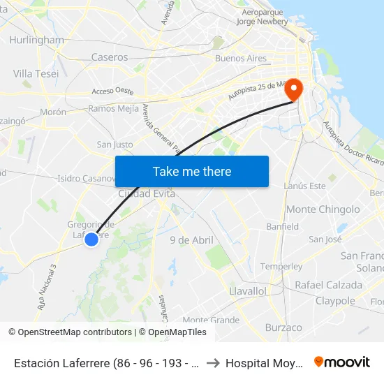 Estación Laferrere (86 - 96 - 193 - 621) to Hospital Moyano map