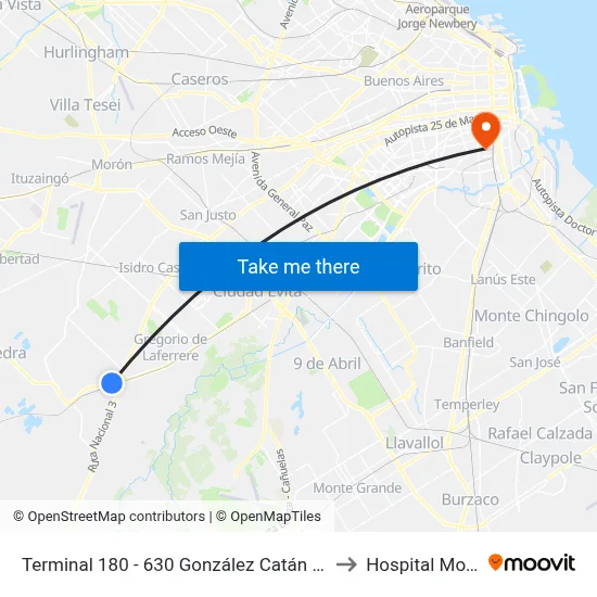 Terminal 180 - 630 González Catán (Ascenso) to Hospital Moyano map