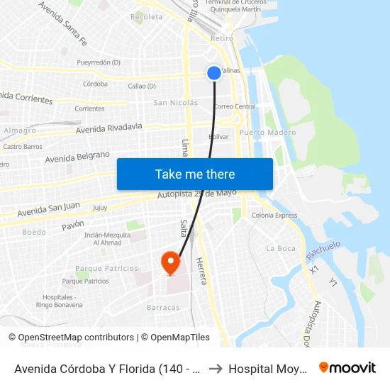 Avenida Córdoba Y Florida (140 - 180) to Hospital Moyano map