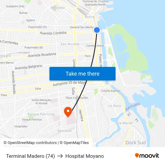 Terminal Madero (74) to Hospital Moyano map