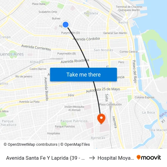 Avenida Santa Fe Y Laprida (39 - 111) to Hospital Moyano map