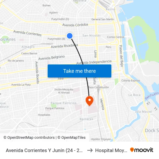 Avenida Corrientes Y Junín (24 - 26 - 146) to Hospital Moyano map