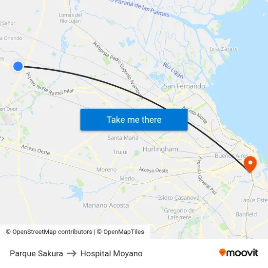 Parque Sakura to Hospital Moyano map