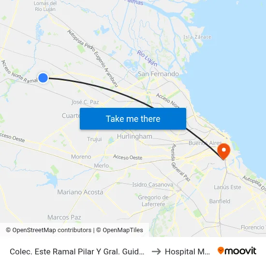 Colec. Este Ramal Pilar Y Gral. Guido - Chevrolet to Hospital Moyano map